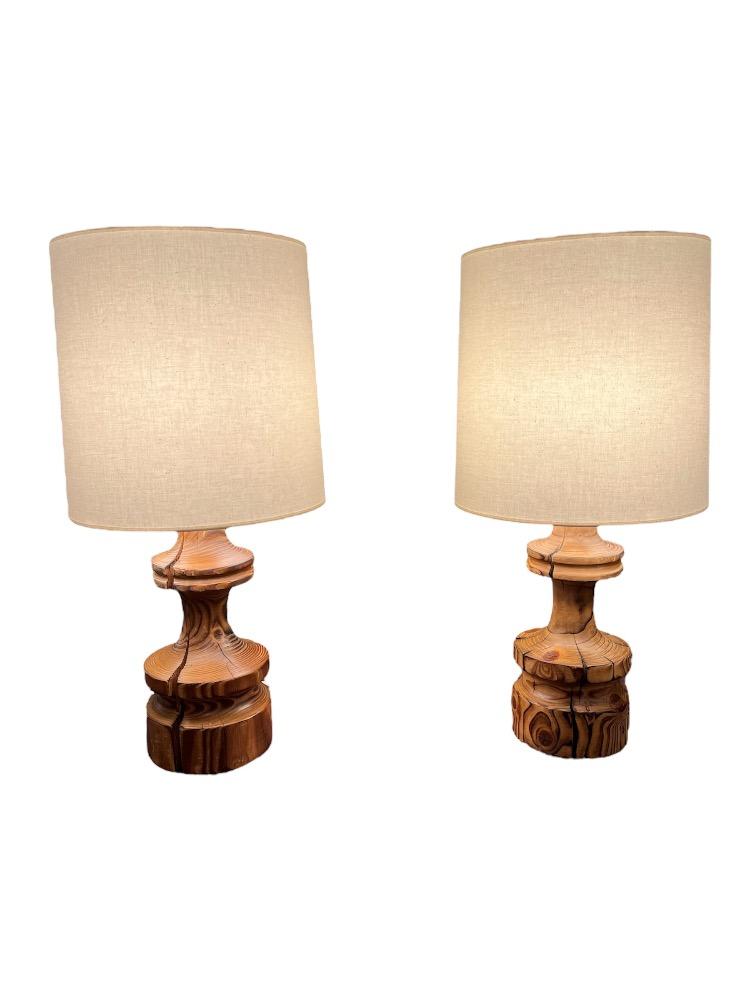 Pair of burnt pine table lamps.Circa 1970.